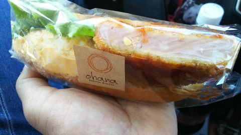 昼食はベーカリー「オハナ」でパンを買って、駐車場に戻って車の中で食べました。ハムカツ玉子サンドうまし。